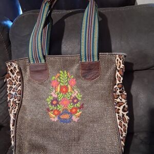 Consuela Flower Embroidered Leopard Print Large Tote Bag Brown GUC Animal Lined